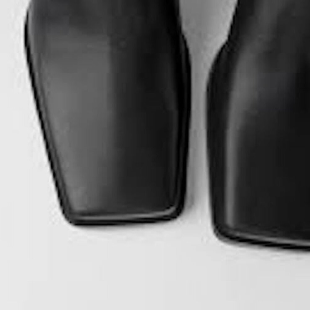 Zara Black Leather Cowboy Heel Ankle Boots Square Toe - Picture 3 of 7